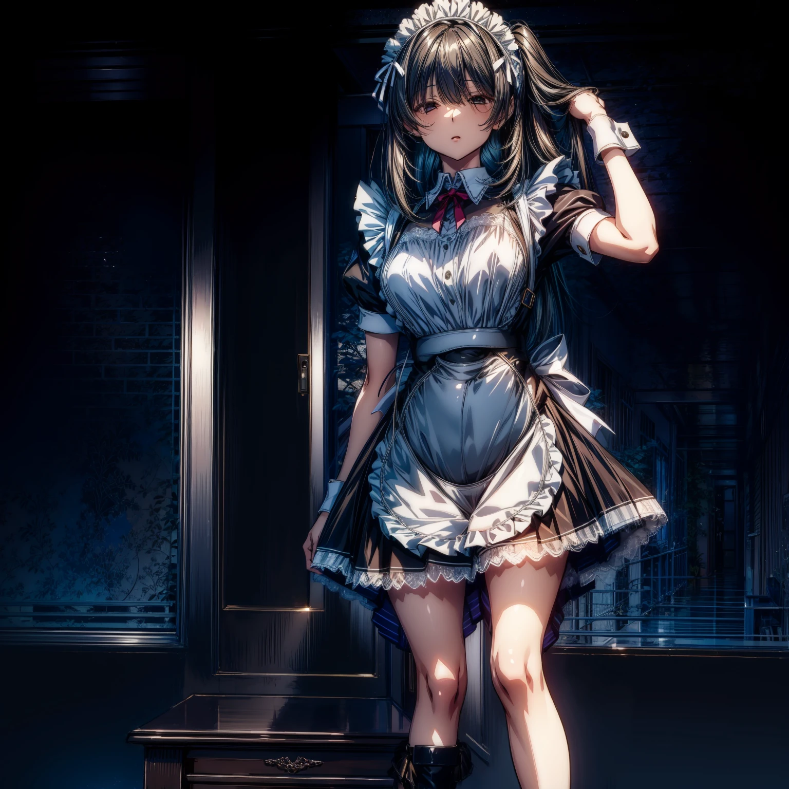 perfect anatomy, highest quality,(Detailed maid leotard:1.6),1girl,solo,long hair:1.5, (short sleeves, Thighs,maid cuffs),,hypnoLora, empty eyes,high heel lace-up boots boots, (no skirt:3.0),dark aura