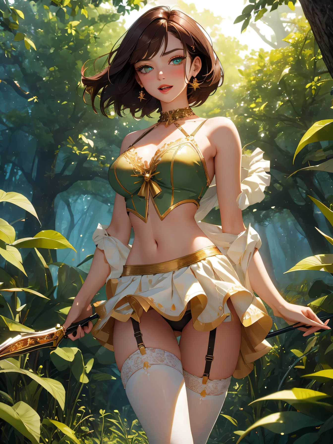 Master piece,best quality,ultra-detailed,high resolution,octane render,brown hair,bob cut,a country cute girl,(1 girl),white side-tie panties,gold accents,pretty dress with lots of frills and embroidery, holding skirt hem with one hands, from below,Torn clothes,black Stockings,garter belt,seductive young woman,female focus,pointy breasts,full body,(perfect body),standing,midriff peek,gold Choker with chains,big bright green eyes, glowing eyes,(beautiful detailed eyes),cute,cool,pale skin,faint lips,seductive and confident smile,open mouth.The overall image is of high quality, with a resolution of 4k or 8k. It is a masterpiece of art, holding hair ornament,vibrant colored lips. She has long eyelashes that add to her captivating appearance. The girl's hair is styled in a sleek and sophisticated,creating a visually stunning effect.adding to the overall appeal,holding_weapon,Dagger,carries a bow and arrow,shy,Blushing face,fantasy,sweat,steam,in the Woods with tentacles,dynamic angle
