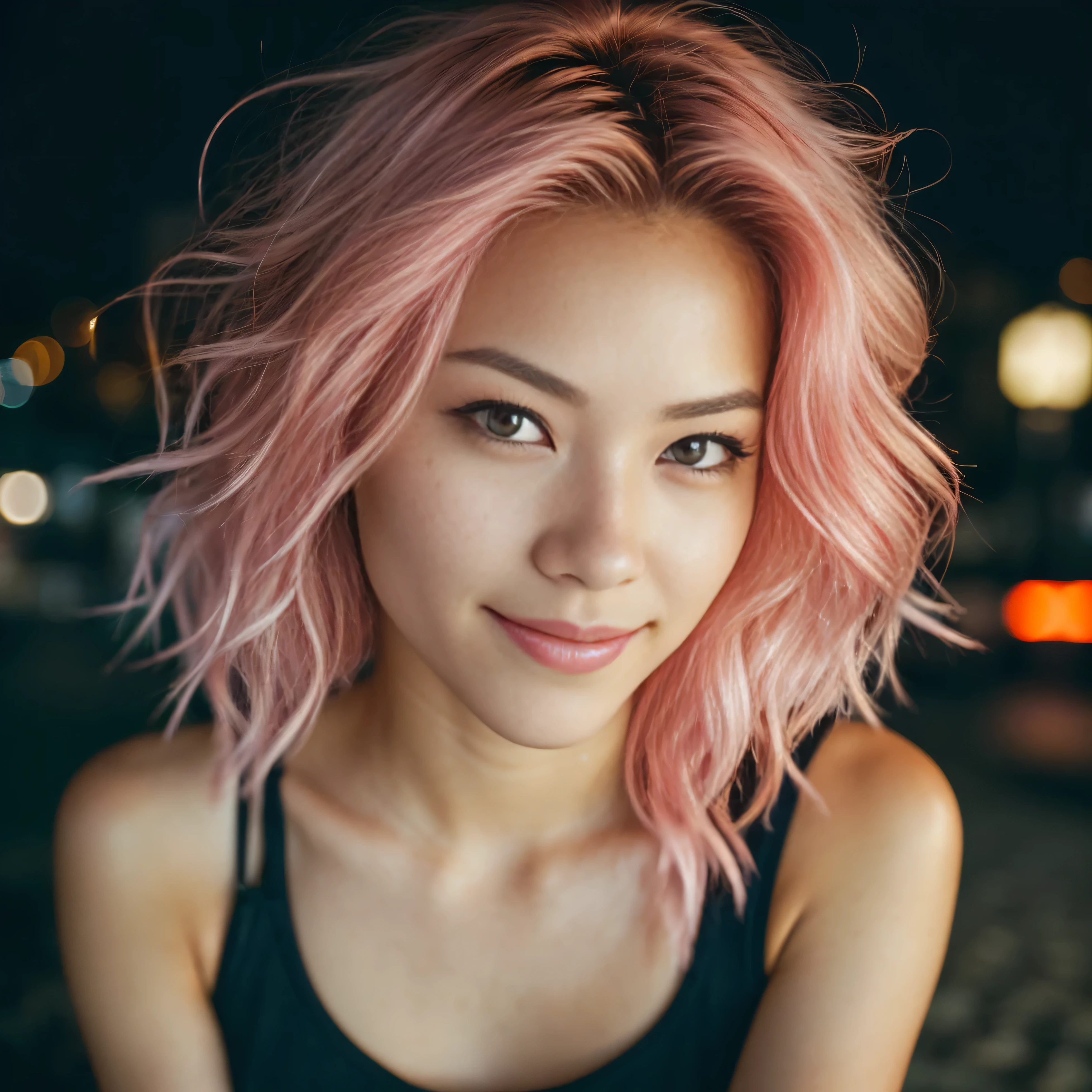 arafed woman with pink hair sitting on the beach, flowing pink hair, with pink hair, photo of a beautiful woman, long flowing pink hair, pink golden hour, curly pink hair, beautiful young asian woman, beautiful asian woman, wild ginger hair, pink wispy hair, light pink hair, a young asian woman, an asian woman, infp young woman, (taking selfies, overhead view: 1.4), (straight half of the torso: 1.4), Portrait photo of a 24-year-old french girl in RAW UHD format (Black-eyed woman) Walk down the dark alley, night city, Details (textures! , Hair! , glistering, Color!! , imperfections: 1.1), highly detailed glossy eyes (looking at the camera), DSLR Lighting, SLR camera, Ultra-Quality, sharpness, Depth of field, Film grain (Downtown), Fujifilm XT3, Crystal clear, Frame Center, beatiful face, sharp-focus, street lamp, neon lighting, bokeh (dimly lit), night time, (night sky), detailed skin pores, oilly skin, suntan, Complex eye details, smiling