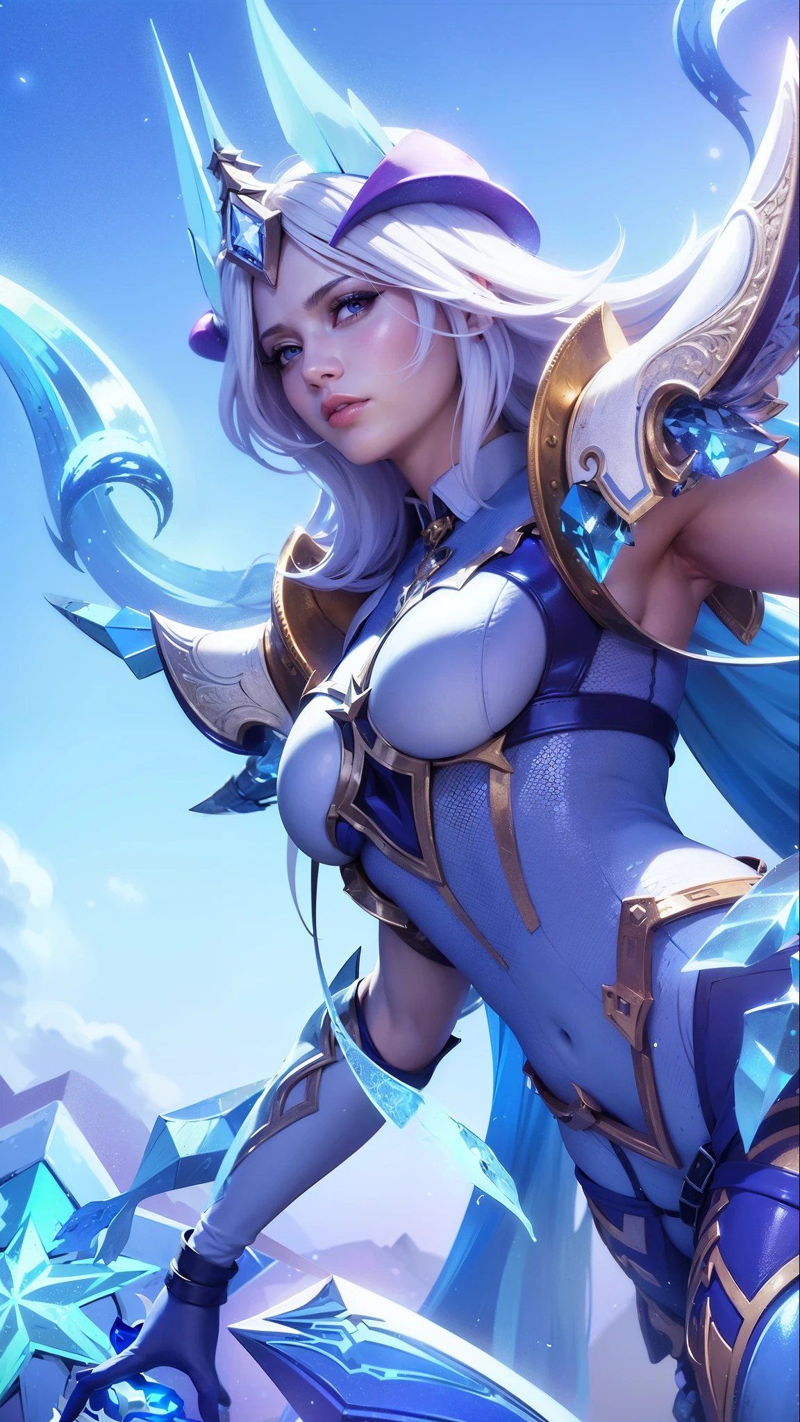 a woman in a blue outfit holding a sword and a sword, ashe, queen of ice and storm, ice sorceress, freezing blue skin, irelia, jaina proudmoore, extremely detailed artgerm, ig model | artgerm, seraphine ahri kda, mobile legends, crystalline skin, ice mage, splash art, 8k, ultra hd, ultra detailed texture, hyper realistic, masterpiece, detailed texture, detailed face, detailed skin, detailed lighting, (photorealistic:1.5), best quality, beautiful lighting, cinematic lighting, professional lighting, ultra highres, realistic, detailed hair, real hair, high quality, (realskin:1.5), extremely detailed, finely detail, ultra-detailed, glare, blue eyes