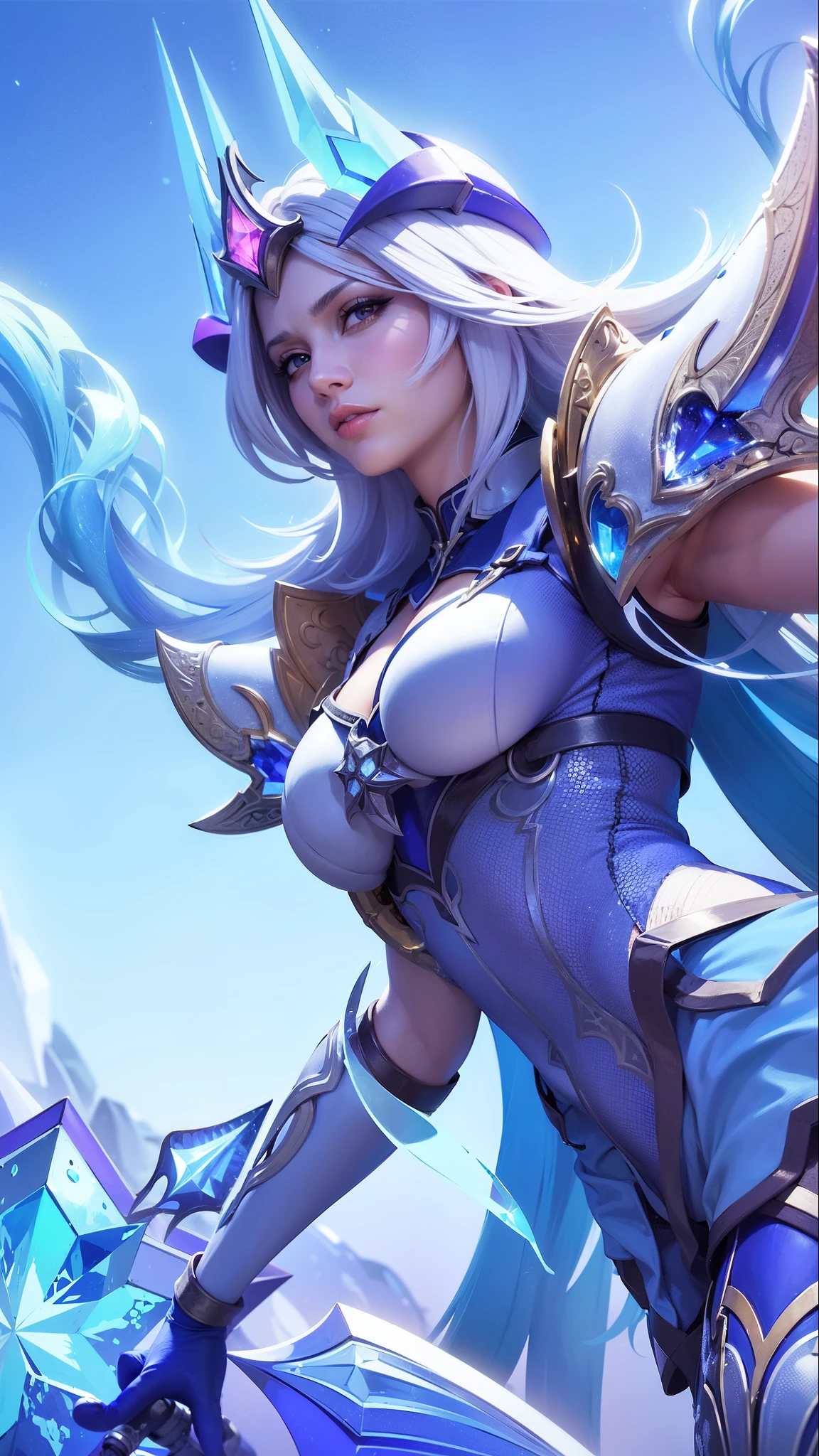 a woman in a blue outfit holding a sword and a sword, ashe, queen of ice and storm, ice sorceress, freezing blue skin, irelia, jaina proudmoore, extremely detailed artgerm, ig model | artgerm, seraphine ahri kda, mobile legends, crystalline skin, ice mage, splash art, 8k, ultra hd, ultra detailed texture, hyper realistic, masterpiece, detailed texture, detailed face, detailed skin, detailed lighting, (photorealistic:1.5), best quality, beautiful lighting, cinematic lighting, professional lighting, ultra highres, realistic, detailed hair, real hair, high quality, (realskin:1.5), extremely detailed, finely detail, ultra-detailed, glare, blue eyes