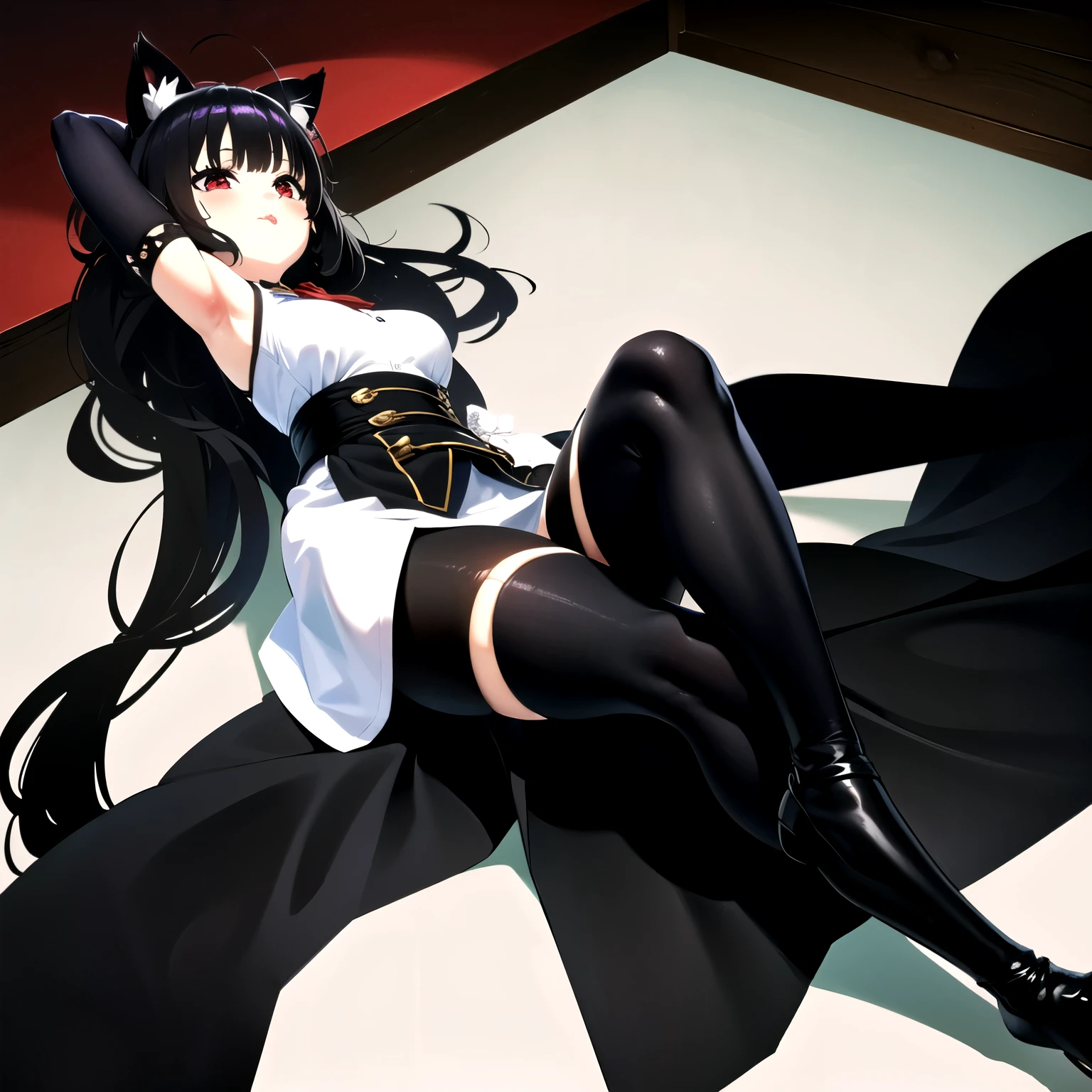 (Una obra maestra de mejor calidad en primer plano.:1.5)0.9],,((long hair slightly wavy slightly past the shoulders, black bangs, small black pigtails on the sides, cute cat ears, beautiful thin red eyes,)), (labios grandes:0.9) acostada en la cama mostrando completa comodidad, fondo una playa