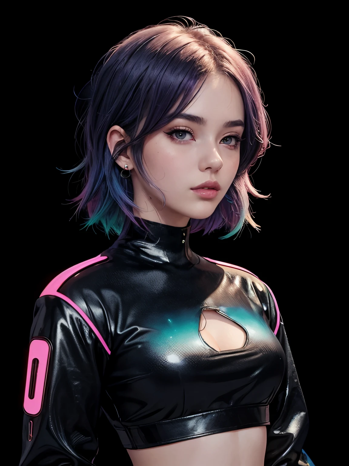 (best quality, sketch:1.2),realistic,illustrator,anime,1 girl, detailed lips,custom, gradient background,neon hair,textured cropping, masterpiece, anime, a woman standing looking at future 