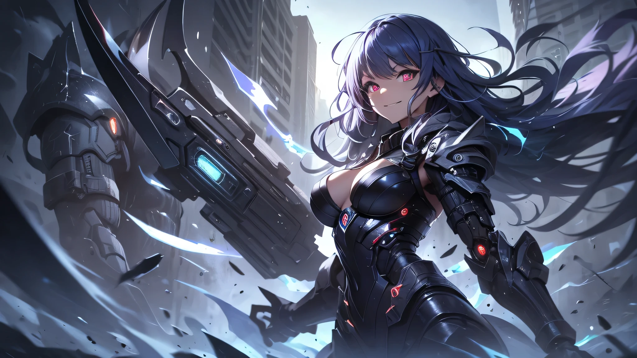 最high quality、best image quality、masterpiece、android girl((18-year-old、 By becoming、vest bust、medium bust,wide open breast tea、red glowing eyes, water hair、messy hair、long hair、thin,highest valley、Blue robot body、Shiny red body、Close ~ eyes、attack、Show the whole body、robot arm、robot feet、villain、evil smile、bad smile、laugh loudly、villain pose、Black robot wings,sharp nails、prick々New body parts、With a big sword、floating in the air、Robot Tail、turn around、emphasize the buttocks、shoot a beam)),high quality、beautiful art、background((cyber world))、Flight、debris flies、Depth of written boundary、movie、visual art、perfect art、8K,genuine、