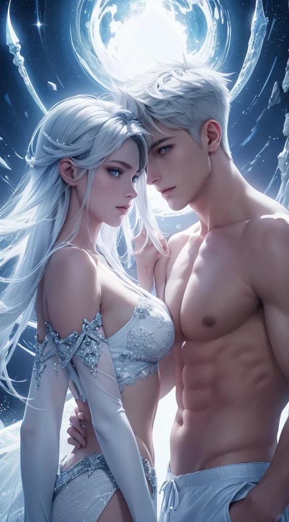 Half body shot a beautiful couple,  very handsome hunky celestial white super bulge shirtless Jack Frost and very beautiful and sexyness celestial white ice Princess , standing firmly face frontal camera focus asymmetrical face details,charachter, beautiful, devian art, trending artstation, digital art, detailed, realistic, humanoide, character,cinematic sho ,cinematic lights, high textures, high resolution, dreamlikeart, 8k, highly detailed, stabilized diffusion 