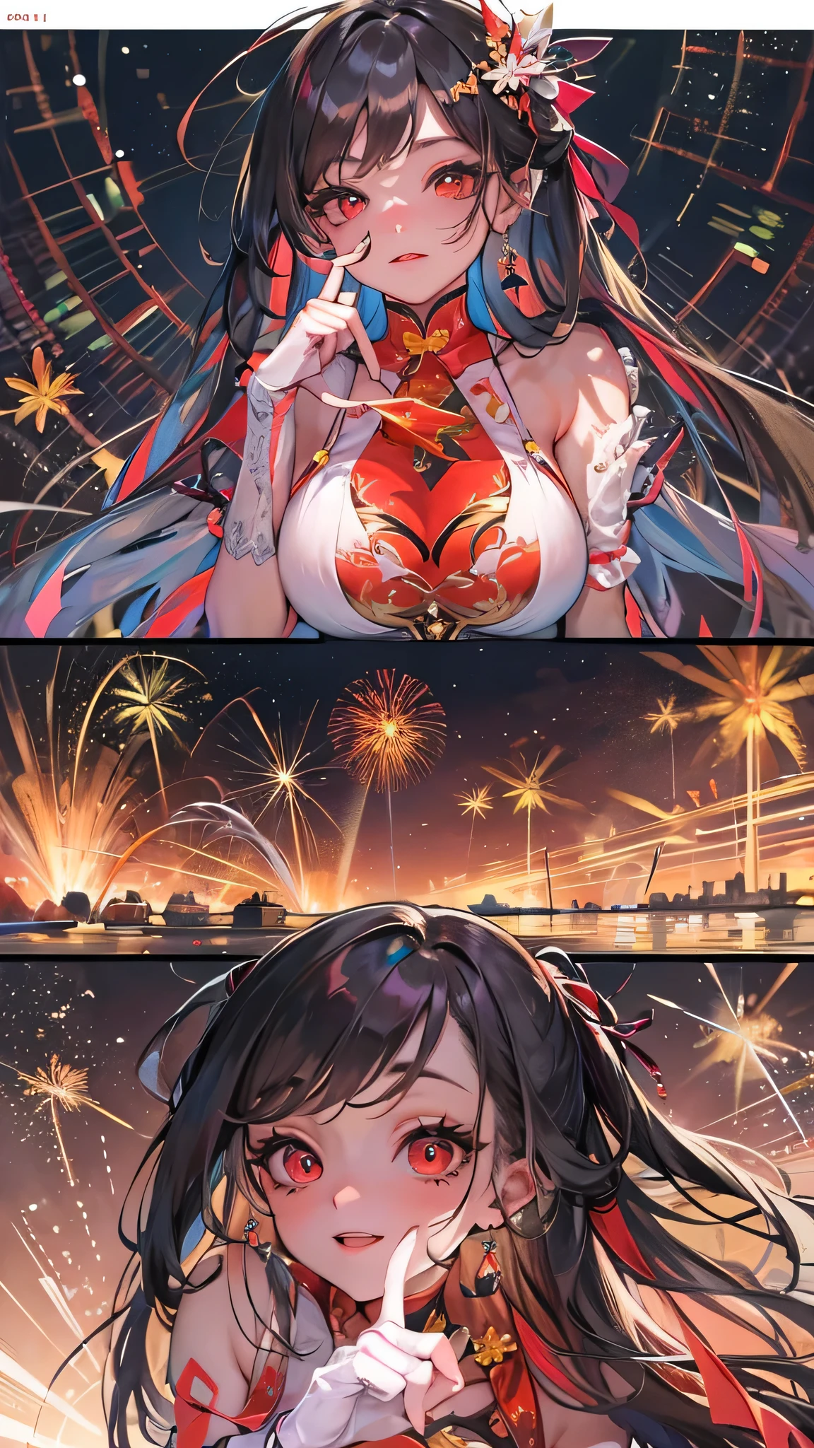 (perfect anatomy, masterpiece:1.4, best quality, 8k, beautiful detailed grow, daydreaming expression, in the night),  ((immensely detailed beautiful firework)), (solo straight black hair long hair femdom cute girl, 18 yo, detailed red eyes, best smile, bigboobs), up arms and (((Finger Heart))), in a sexy red detailed dress, in the Fireworks Festival Venue.