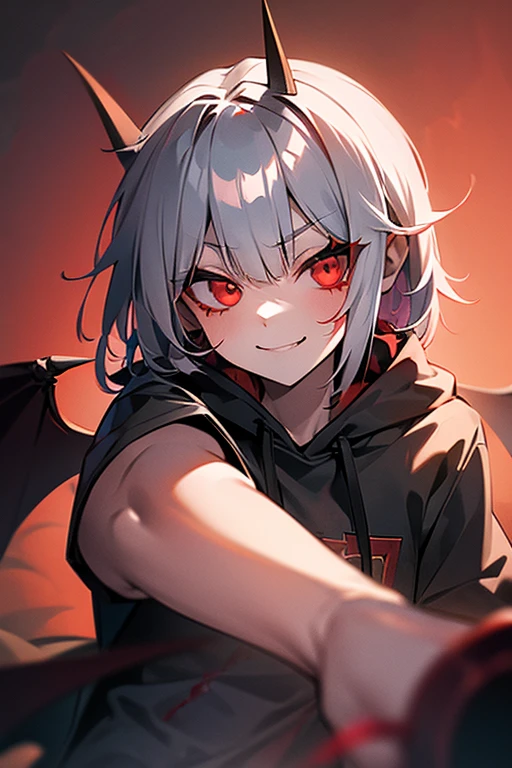 a female character, hoodie, blood rain, vempire smile, silver hair, devil hornes, background place in hell, hell queen dressup, left lighting devil eye, right eye godes angle, fire rain, engery face, full upper body, age 18, tite body, with power, devil wings, sitting on universal chair