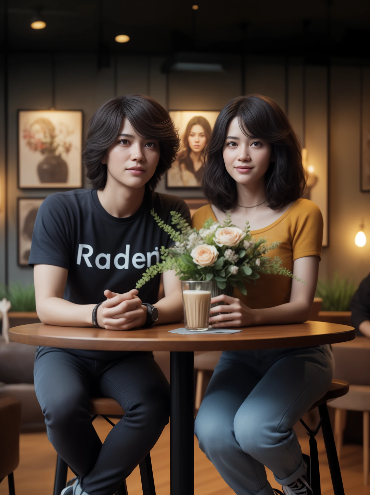 they are sitting at a table with a vase of flowers, realism art, inspired by Rudy Siswanto, realism artstyle, realistic portrait photo, realistic render, very realistic render, realism art style, realistic cinema 4 d render, realistic art, foto realistic, sitting on a mocha-colored table, an ultra realistic, realistic 3 d render, realistic 3d render