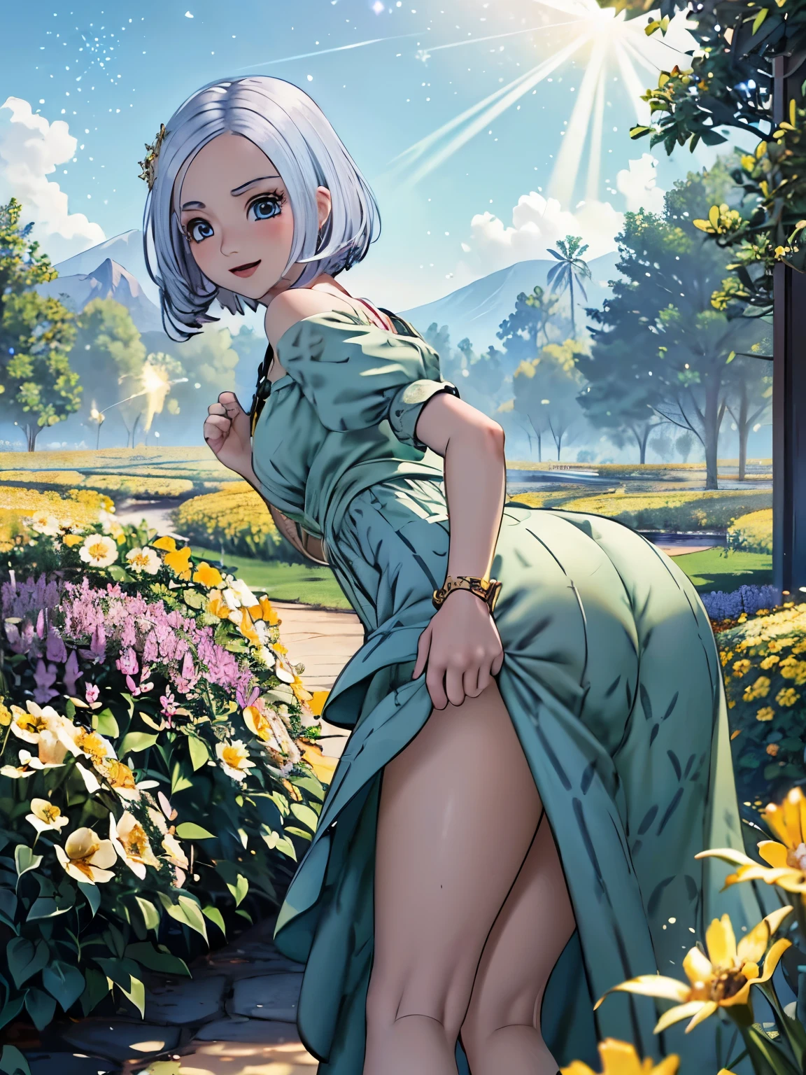 from back, cowboy shot, (ass focus, wide hips, large hips), beautiful ass, DQ10 illutia, (short hair, grey hair, blue eyes), (leaning forward:1.5), looking back, looking at viewer, (hand on ass), (smile, laugh:1.2), DQ10 costume, (green dress, short sleeves, puffy sleeves, brown footwear), impossible clothes, depth, (flat), (Dramatic Horizon), (golden flower garden), (shining flowers), (Shining Path), (light particles:1.5), outdoor, morning, (blue sky), masterpiece, high quality, best quality, beautiful, hd, perfect lighting, detailed face, detailed body, masterpiece, best quality, intricate details, 8k uhd, perfect face, perfect eyes