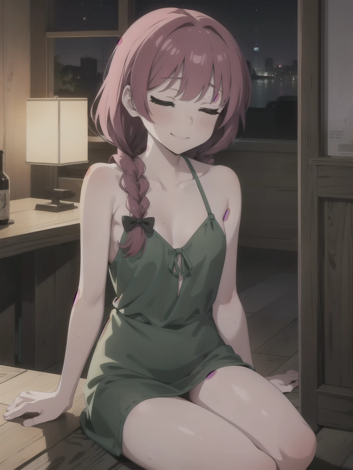 { masterpiece : best quality : high resolution : unity 8k wallpaper : illustration } { Background = night bar } { Hiroi Kikuri : red braided hair : perfect slender body : perfectly small shape breast : green dress : closed eyes : drunk : sitting at a booth : hyper drunk expression }