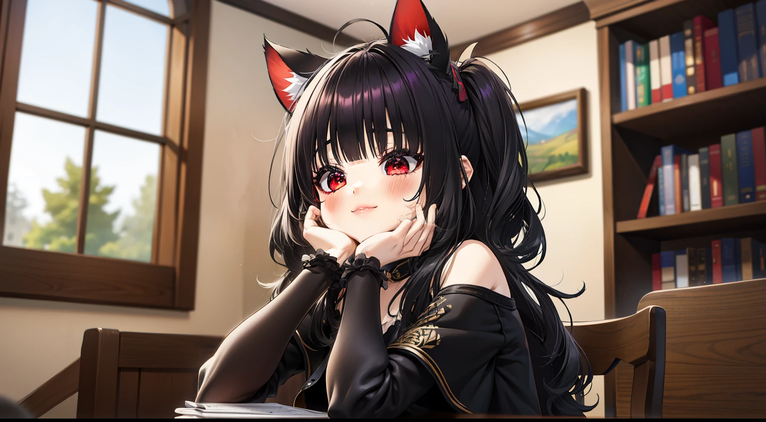 ((Mejor calidad)), ((mesa)), ((ultra detallado)), (illustration), (luz detallada), (extremadamente delicado y hermoso),
(((Solo))), ,((long hair slightly wavy slightly past the shoulders, black bangs, small black pigtails on the sides, cute cat ears, beautiful thin red eyes,)),
(hermosa linda chica),
((auricular)),(sudadera),
((Sala Ciberpunk)),adentro,(un ordenador,escena),flujo de datos,ventana,
((Sit in a gaming chair)),
(ojos bonitos),(ropa interior blanca),(dos manos:1.5), labios sexys, Curva, una mqmf, afuera, tetinas, C Cup、(muslos muslos muslos muslos)、
