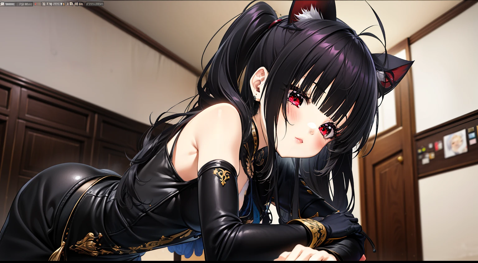 ((Mejor calidad)), ((mesa)), ((ultra detallado)), (illustration), (luz detallada), (extremadamente delicado y hermoso),
(((Solo))), ,((long hair slightly wavy slightly past the shoulders, black bangs, small black pigtails on the sides, cute cat ears, beautiful thin red eyes,)),
(hermosa linda chica),
((auricular)),(sudadera),
((Sala Ciberpunk)),adentro,(un ordenador,escena),flujo de datos,ventana,
((Sit in a gaming chair)),
(ojos bonitos),(ropa interior blanca),(dos manos:1.5), labios sexys, Curva, una mqmf,  afuera, tetinas, C Cup、(muslos muslos muslos muslos)、