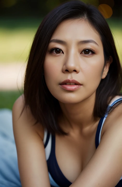 Portrait of a middle-aged Taiwanese woman, 40 years old, cute face, Slim, Tortitz, (big sagging:1.1), huge nipples, wear (sexy shirt:1.2), Bokeh background, Simple background, (highly refined skin:1.0), (masterpiece:1.2) (lifelike:1.2) (Bokeh) (best quality) (intricate details) (8K) (high dynamic range) (analog film) (canon d5) (movie lighting) (sharp focus),curl,Lying on the grass