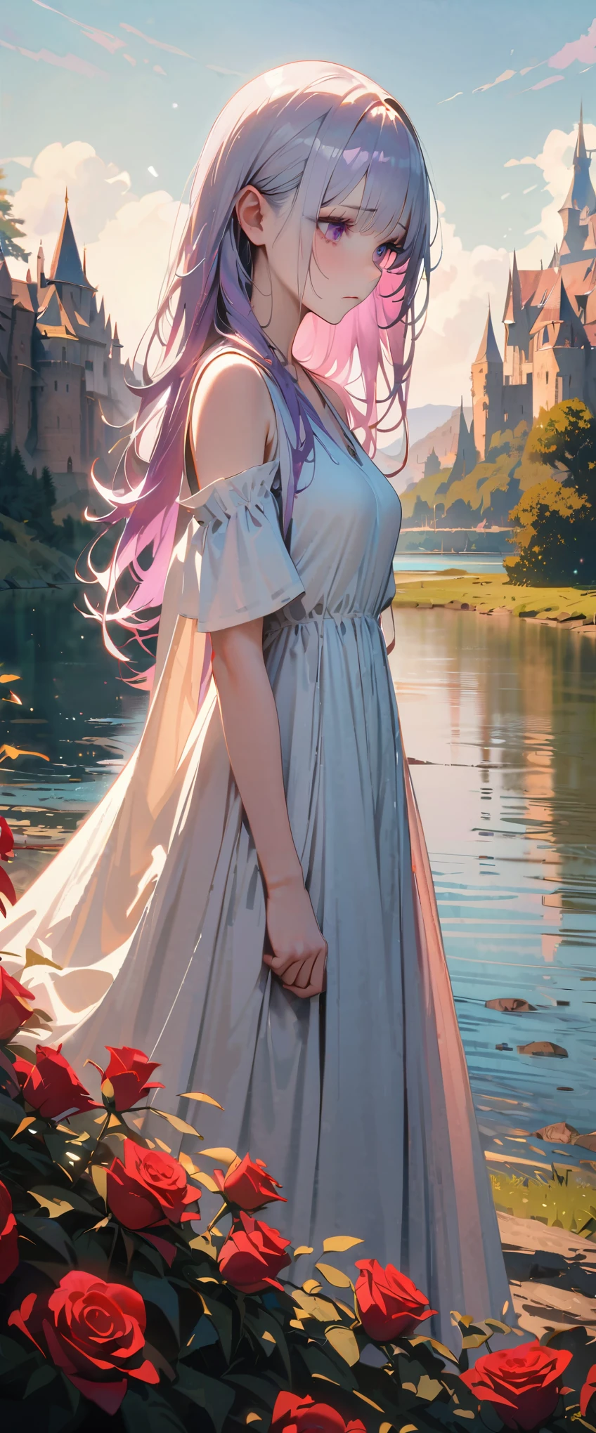 ((best quality,ultra_detailed,masterpiece,hires,8k)),a woman,white dress,long dress,white hair and purple hair,long hair,purple eyes,Long eyelashes,sad,standing,outdoor,lake,castle,(red roses),sky blue,sunlight,shine,full body,portrait,Golden Ratio