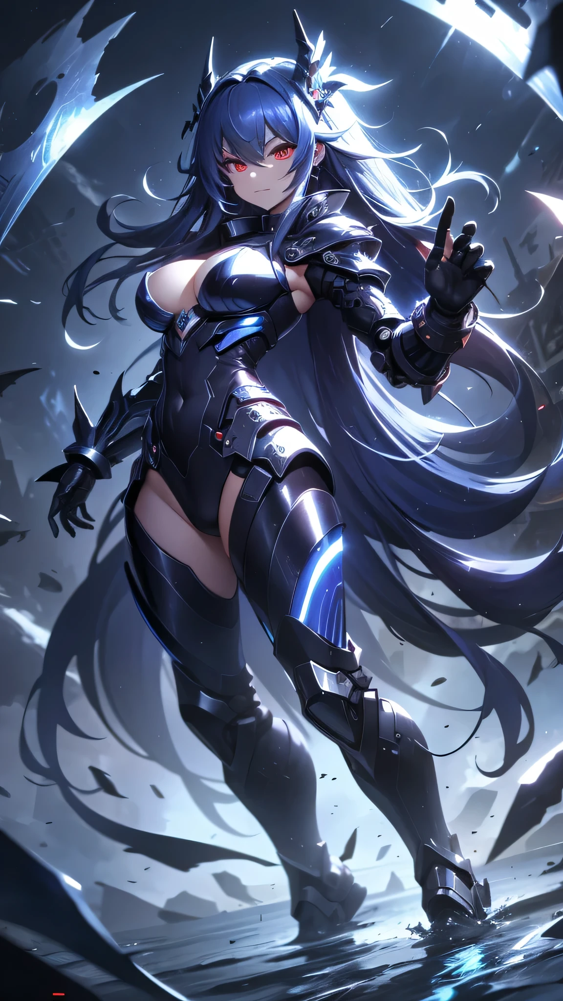 最high quality、best image quality、masterpiece、android girl((18-year-old、 By becoming、vest bust、medium bust,wide open breast tea、red glowing eyes, water hair、messy hair、long hair、thin,highest valley、Blue robot body、Shiny red body、Close ~ eyes、attack、Show the whole body、robot arm、robot feet、villain、evil smile、bad smile、laugh loudly、villain pose、Black robot wings,sharp nails、prick々New body parts、With a big sword、floating in the air、Robot Tail、turn around、emphasize the buttocks、shoot a beam)),high quality、beautiful art、background((cyber world))、Flight、debris flies、Depth of written boundary、movie、visual art、perfect art、8K,genuine、