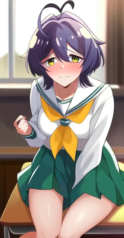 score_4, score_5, score_6, score_9, score_8_superior, score_7_superior, alone,  Utenasuru, short hair, purple hair, Ahoge, yellow eyes, green seraphuku, (white shirt, long sleeve), pleated skirt, green skirt, long skirt,  yellow neckerchief,  , classroom, throw, Self snap, blush, nervous, looking at the viewer, 