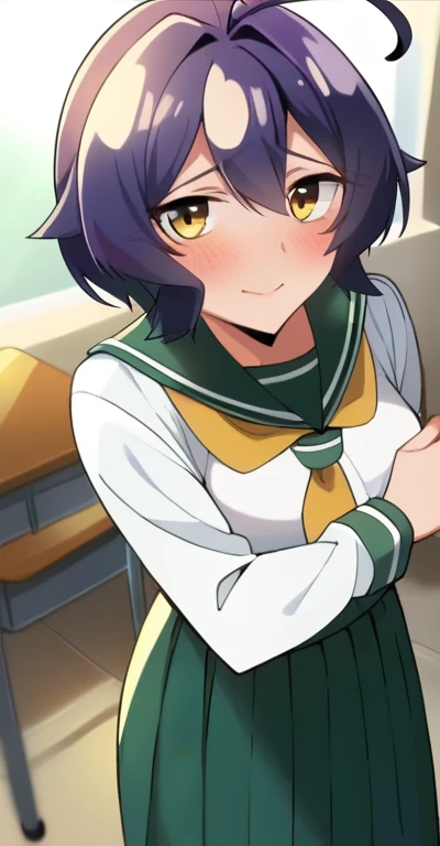 score_4, score_5, score_6, score_9, score_8_superior, score_7_superior, alone,  Utenasuru, short hair, purple hair, Ahoge, yellow eyes, green seraphuku, (white shirt, long sleeve), pleated skirt, green skirt, long skirt,  yellow neckerchief,  , classroom, throw, Self snap, blush, nervous, looking at the viewer, 