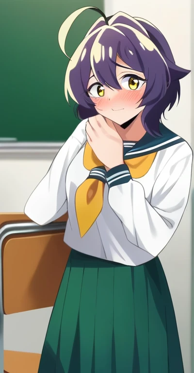 score_4, score_5, score_6, score_9, score_8_superior, score_7_superior, alone,  Utenasuru, short hair, purple hair, Ahoge, yellow eyes, green seraphuku, (white shirt, long sleeve), pleated skirt, green skirt, long skirt,  yellow neckerchief,  , classroom, throw, Self snap, blush, nervous, looking at the viewer, 