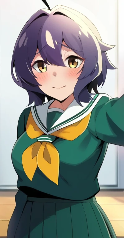 score_4, score_5, score_6, score_9, score_8_superior, score_7_superior, alone,  Utenasuru, short hair, purple hair, Ahoge, yellow eyes, green seraphuku, (white shirt, long sleeve), pleated skirt, green skirt, long skirt,  yellow neckerchief,  , classroom, throw, Self snap, blush, nervous, looking at the viewer, 