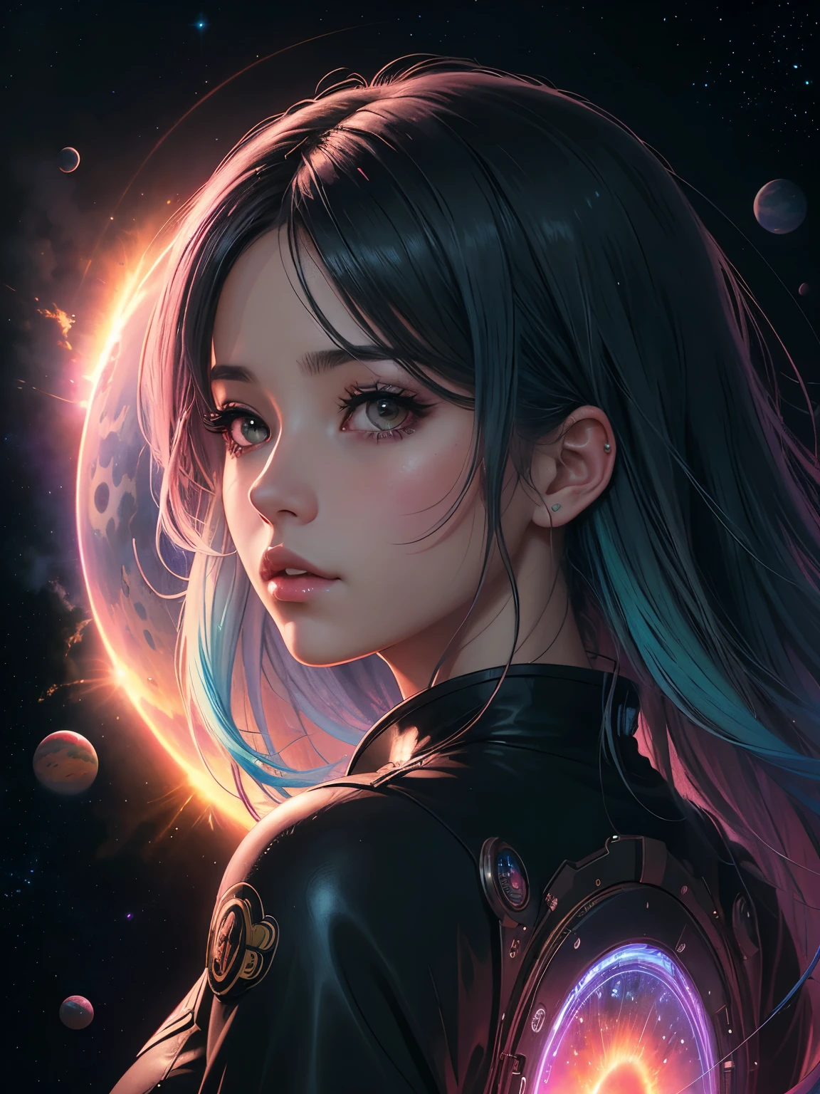 (best quality, sketch:1.2),realistic,illustrator,anime,1 girl, detailed lips,custom, gradient background,neon hair,textured cropping, masterpiece, anime, a woman standing looking at a black hole, fantasy world, trending on art station, space art, dreamy psychedelic anime, beautiful anime scene, anime epic artwork. anime, epic realism, planet landing