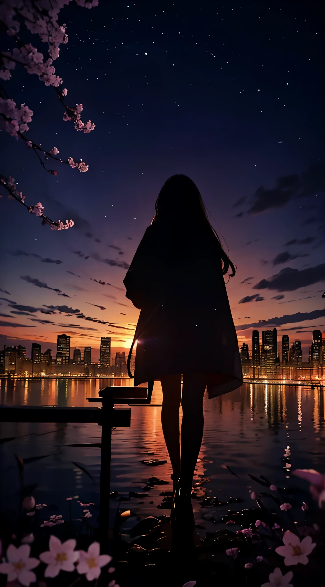 1people々々々々々々々,blonde long hair,long coat,silhouette, Rear view,space sky, milky way, anime style, cherry blossoms,夜cherry blossoms,辺り一面に舞うcherry blossoms吹雪,Night view of the city from the mountainside,
