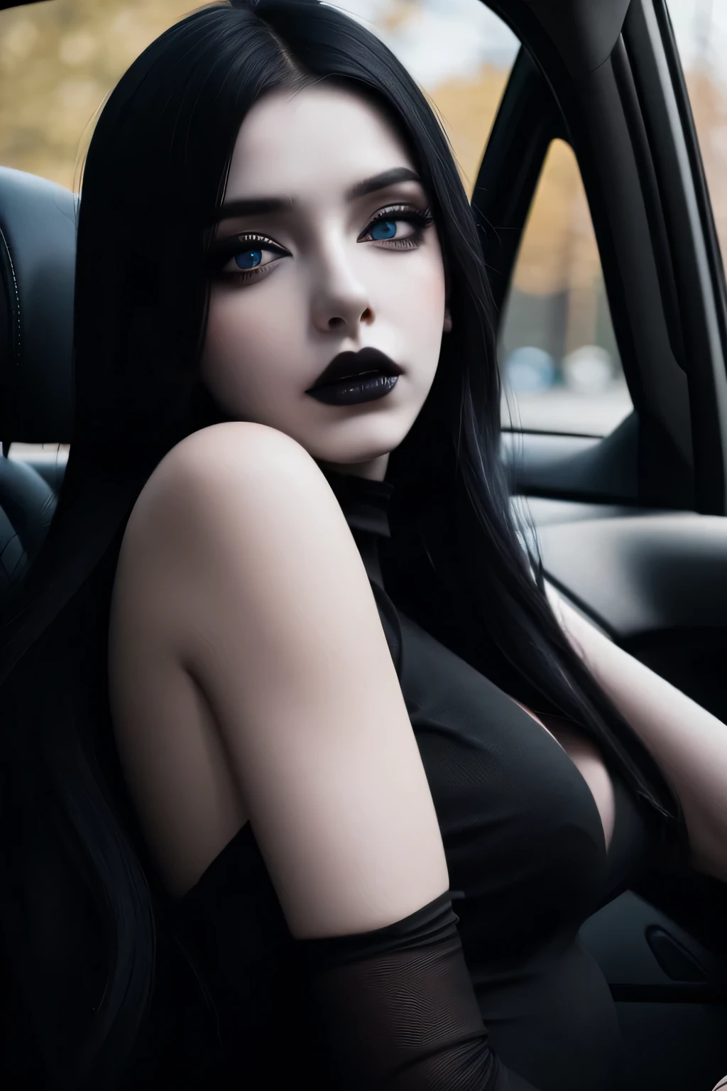 in car, sitting in car, camera far away, full body shot, closed mouth ,Best quality, masterpiece, ultra high res, close up of the face, looking directly in the camera, (photorealistic:1.4), 1girl, offshoulder, deep shadow, shiny skin, masterpiece, (photorealistic:1.4), best quality, backlighting,pale skin, detailed shiny skin, looking at viewer, closed mouth, pale skin, detailed black lipstick, black hair, blue eyes, blue eyeshadow, detailed black lipstick, black lips, black fingernails, pale skin, depth of field, 5 fingers, black tight goth dress, blank background, closed mouth