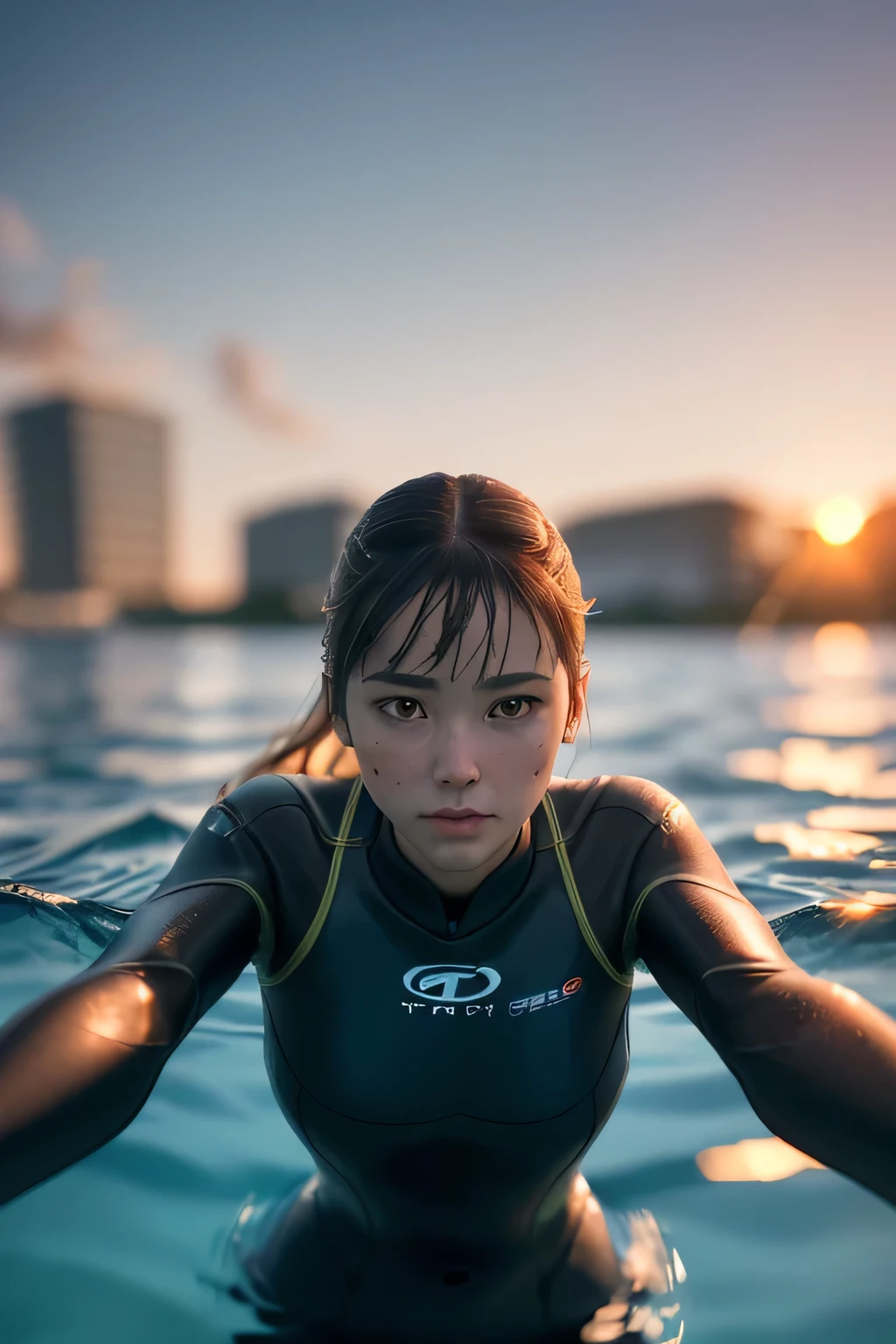 (masterpiece), (very complicated:1.3), (realistic), girl portrait, lying on her back floating on the surface of the water, (dynamic perspective), the most beautiful in the world, (swimming wetsuit), sateen reflection, outdoor, intense sunlight, distant factory group, Stunning female professional photo details, sharp focus, dramatic, Award history, cinematic lighting, Octane Rendering Unreal Engine, volumetrics dtx, (film grain, blurred background, blurred foreground, Bokeh, Depth of the bounds written, sunset, motion blur:1.3), Kure City