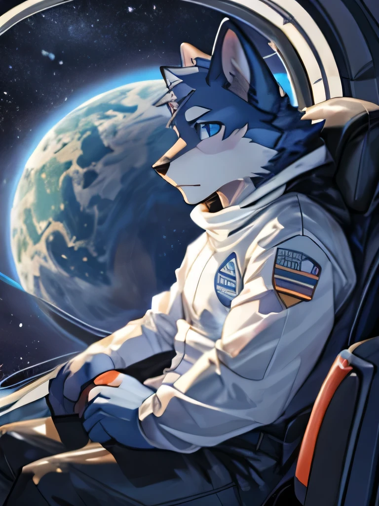 male furry dark blue cat, muscles, light blue eyes, paws astronaut outfit, outer space scenery with stars and planets, full body, spaceship, watching the stars, bulge.