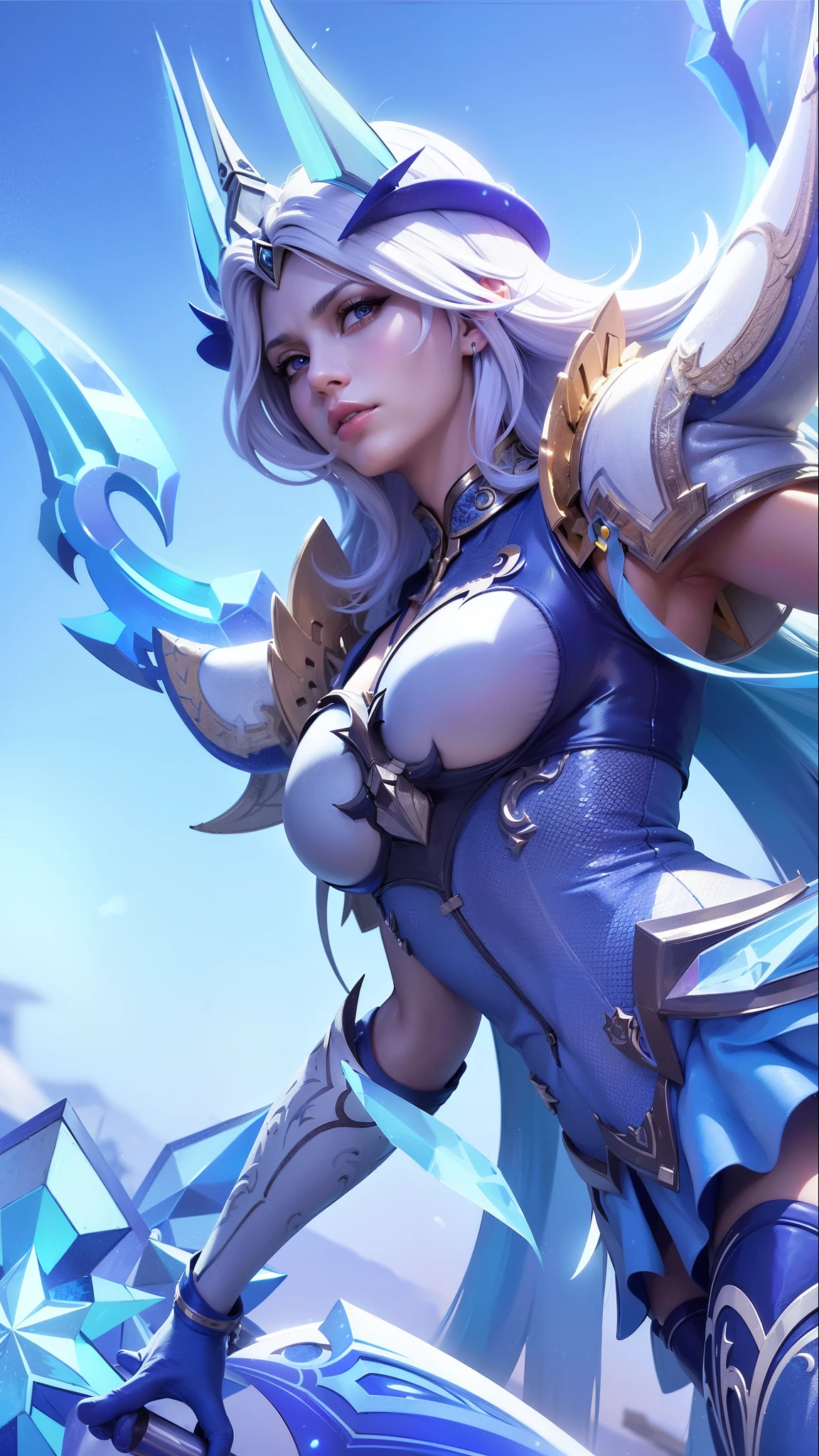 a woman in a blue outfit holding a sword and a sword, ashe, queen of ice and storm, ice sorceress, freezing blue skin, irelia, jaina proudmoore, extremely detailed artgerm, ig model | artgerm, seraphine ahri kda, mobile legends, crystalline skin, ice mage, splash art, 8k, ultra hd, ultra detailed texture, hyper realistic, masterpiece, detailed texture, detailed face, detailed skin, detailed lighting, (photorealistic:1.5), best quality, beautiful lighting, cinematic lighting, professional lighting, ultra highres, realistic, detailed hair, real hair, high quality, (realskin:1.5), extremely detailed, finely detail, ultra-detailed, glare, blue eyes