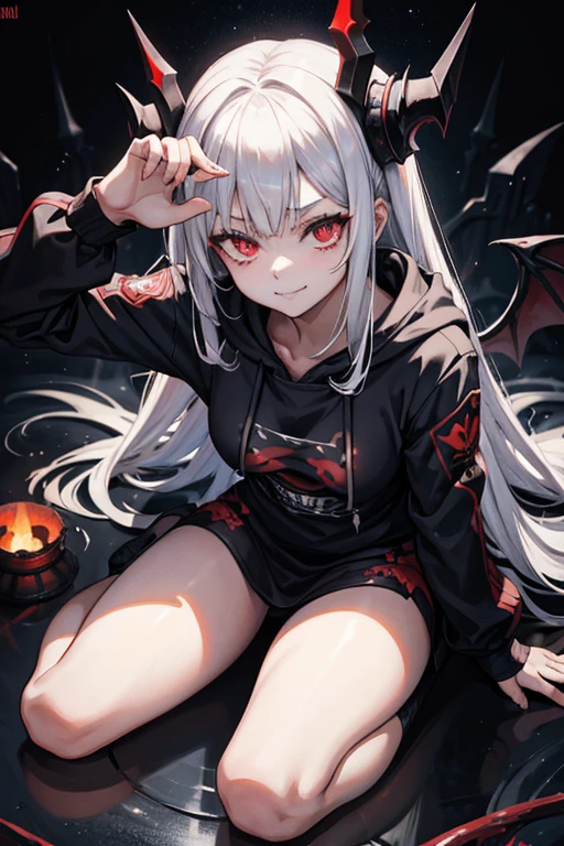 a female character, hoodie, blood rain, vempire smile, silver hair, devil hornes, background place in hell, hell queen dressup, left lighting devil eye, right eye godes angle, fire rain, engery face, full upper body, age 18, tite body, with power, devil wings, sitting on multi univers chair, heavy body