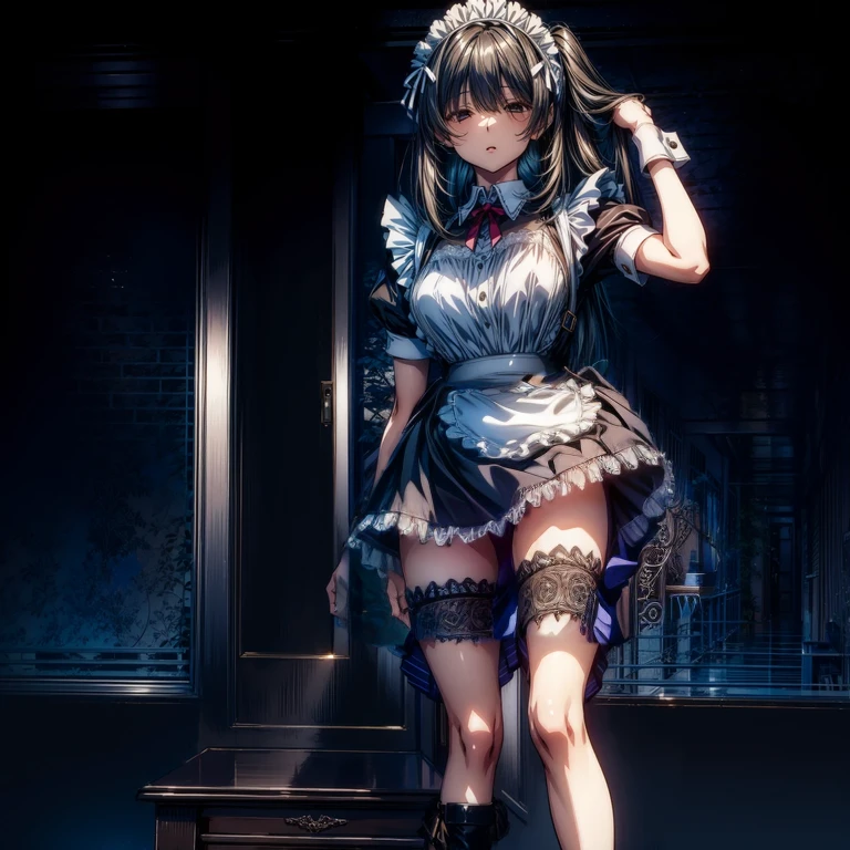 (Perfect Anatomy:1.2, highest quality),(Maid leotard details:1.6),(4Girls),Long Hair:1.5, (Short sleeve, Thighs,Maid Cufflinks),,Hypno Lola, Hollow Eyes,High heel lace-up boots, (Without skirt:3.0),Dark aura,(Leotrad),,From below,love for viewers,Look down,
