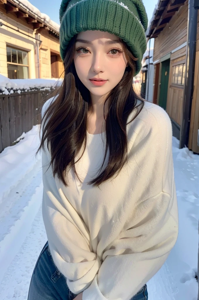 (best quality,highres,ultra-detailed),(realistic:1.37),portrait,painting,(oil painting:1.2),individual,young girl,23 years old,brown eyes,beautiful detailed eyes,beautiful detailed lips,extremely detailed eyes and face,long eyelashes,wavy brown hair,fine hair detailed,full figure,tall and slender body,confident pose,long hair tied up,short hair details,green winter clothing,stylish and fashionable outfit,wearing a trendy winter hat,model,standing on a snowy street,holding a snack in her hand,expressive and engaging eyes,alluring smile,sexy breasts,feminine curves,random photo pose,vivid colors,soft and warm lighting,cozy winter atmosphere