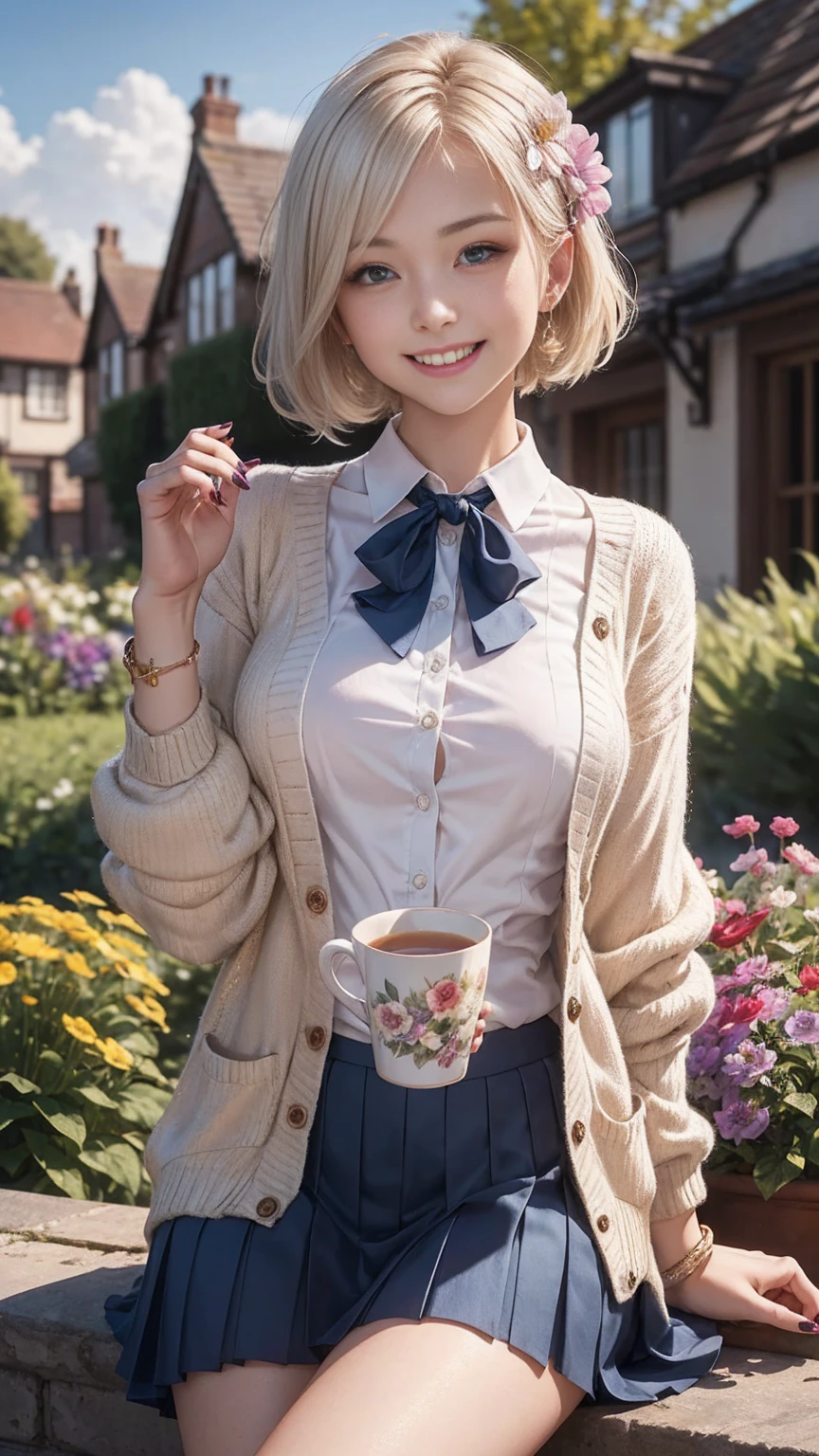 ((最high quality, 8K, masterpiece: 1.3, Ultra HD, high quality, 最high quality, High resolution, realism)) 、A 22-year-old extremely beautiful white woman、Her hair color is platinum blonde、blue eyeedium hair、straight hair、The hair is shiny、The skin is lustrous、smile、Slender but well-proportioned muscular body、Athlete-like body type、I don't want my head to disappear from the screen.、Wearing accessories on your wrist、Wearing red nail polish、I have a peticure、British suburban buildings、There is an English garden、Many flowers bloom、The blue sky is beautiful、summer sunshine、Wearing a blouse、put on a cardigan、Long length covers the ankles、Wear a pleated skirt、Drinking tea in a cup and saucer in the garden、anatomically correct、((anatomically correct))、Ultra high definition((UHD))、textured skin((textured skin))、very detailed((super detail))、high detail((high details))、smile showing teeth((grin))、hair flower((hair flower))