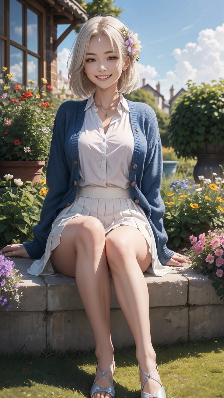 ((最high quality, 8K, masterpiece: 1.3, Ultra HD, high quality, 最high quality, High resolution, realism)) 、A 22-year-old extremely beautiful white woman、Her hair color is platinum blonde、blue eyeedium hair、straight hair、The hair is shiny、The skin is lustrous、smile、Slender but well-proportioned muscular body、Athlete-like body type、I don't want my head to disappear from the screen.、Wearing accessories on your wrist、Wearing red nail polish、I have a peticure、British suburban buildings、There is an English garden、Many flowers bloom、The blue sky is beautiful、summer sunshine、Wearing a blouse、put on a cardigan、Long length covers the ankles、Wear a pleated skirt、Drinking tea in a cup and saucer in the garden、anatomically correct、((anatomically correct))、Ultra high definition((UHD))、textured skin((textured skin))、very detailed((super detail))、high detail((high details))、smile showing teeth((grin))、hair flower((hair flower))