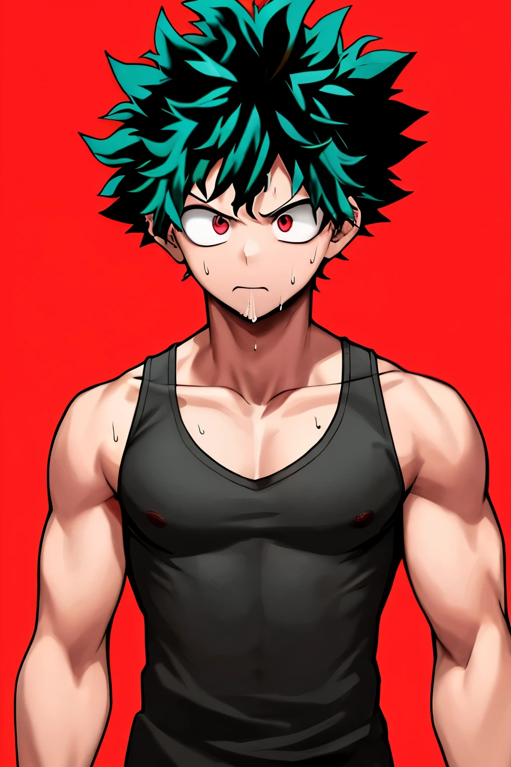 1boy, midoriya izuku, bare shoulders, bare chest, shirtless, raising his hand, (armpit:1.3), seen from the side,  green hair, green eyes, eyebrows, freckles, furrowed brow, rain, boku no hero academia, curly hair, highres, male focus,(slim body, skinny body), open mouth, red eyes, short hair, spiked hair, sweat,