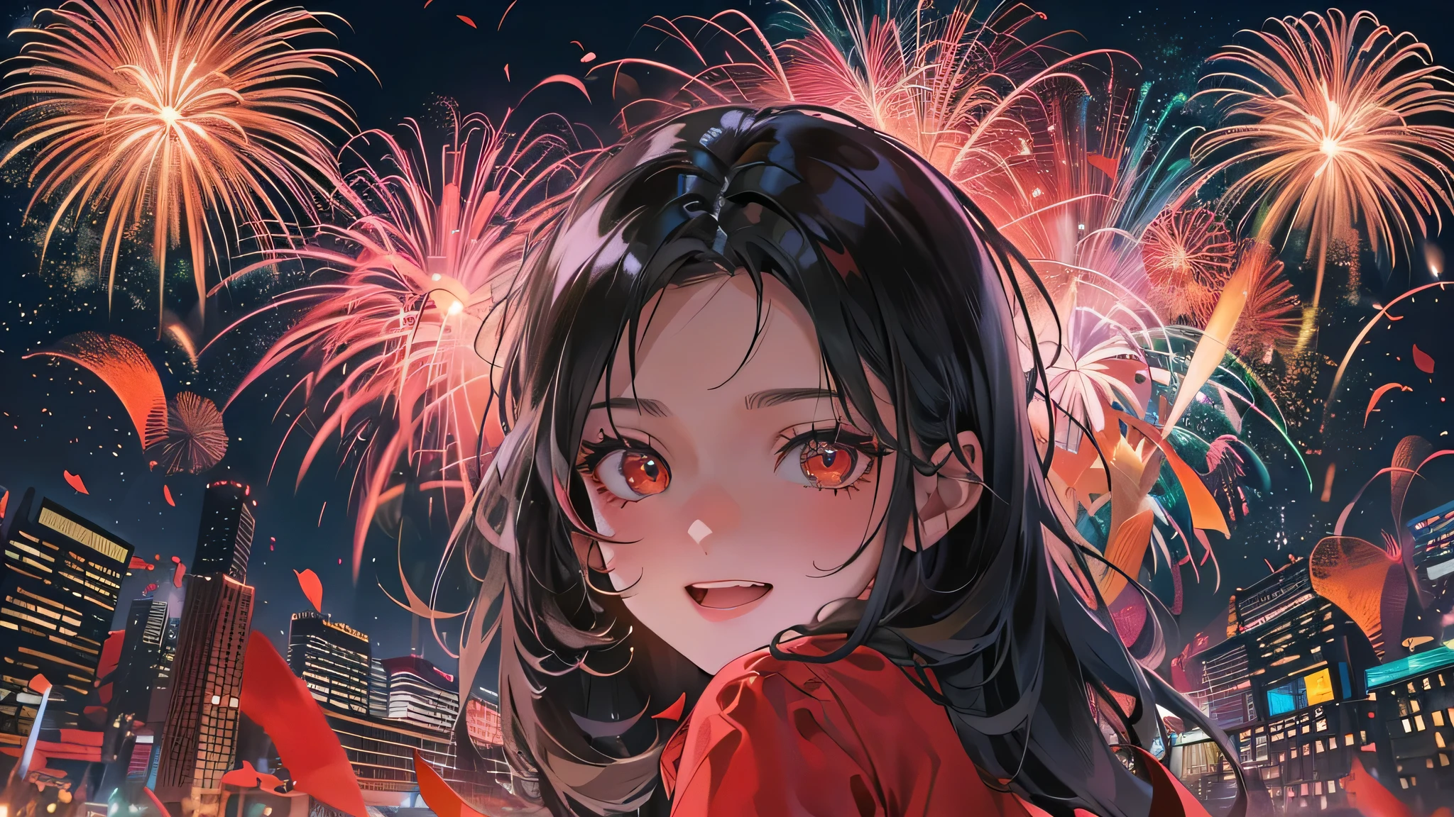 (perfect anatomy, masterpiece:1.4, best quality, 8k, beautiful detailed grow, daydreaming expression, in the night), panoramic (double exposure silhouette:1.3) ((immensely detailed beautiful firework)), (solo straight black hair long hair femdom cute girl, 18 yo, detailed red eyes, best smile, bigboobs), break, up arms and (((Finger Heart))), in a sexy red detailed dress, in the Fireworks Festival Venue.
