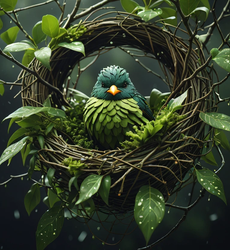 stylized by Daria Petrilli, Raw digital photo, 3D Rendering, Bird, it is Verdant, concept art, Stormy weather, Dark Academia, Light and shadow plays, film grain, Nikon d3300, 80mm, glitter texture, most beautiful artwork in the world, highly detailed, extremely content happy smile with nest