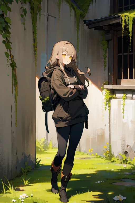 Female, light brown hair, age 23, yellow eyes, long hair, height 174, wears a black hoodie, wears black pants. black boots There is a Japanese amulet on the waist. Carrying a black backpack The background is grass with white flowers and ruined buildings There is moss on the building and vines.
