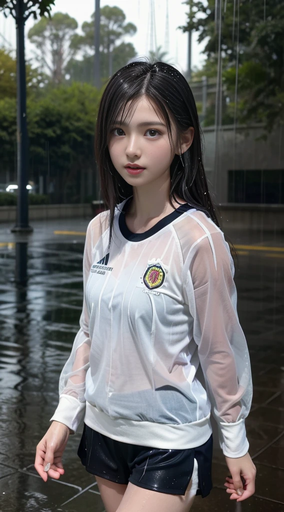 UHD, retina, masterpiece, ccurate, anatomically correct, textured skin, super detail, high details, high quality, award winning, best quality, highres, 1080P, HD, 4K, 8k, 16k、soccer court、soccer ball、Soccer Shoes、soccer uniform、very cute girls,sweaty、(Clothes become transparent in the rain:1.5)、(Heavy rain:1.5)、thunder、