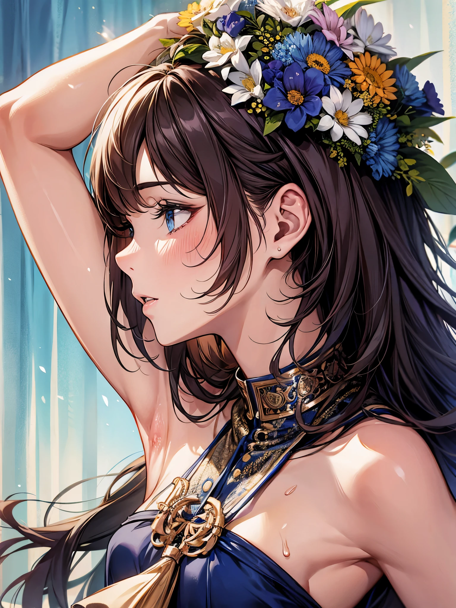 Angle seen from the side、brown hair、random hairstyle、beautiful woman、spring:1.3、(((Highest image quality、High resolution、masterpiece、one woman)))、(((showing armpits:1.3)))、(((embarrassing:1.3、sweat1.3)))、(((cute)))