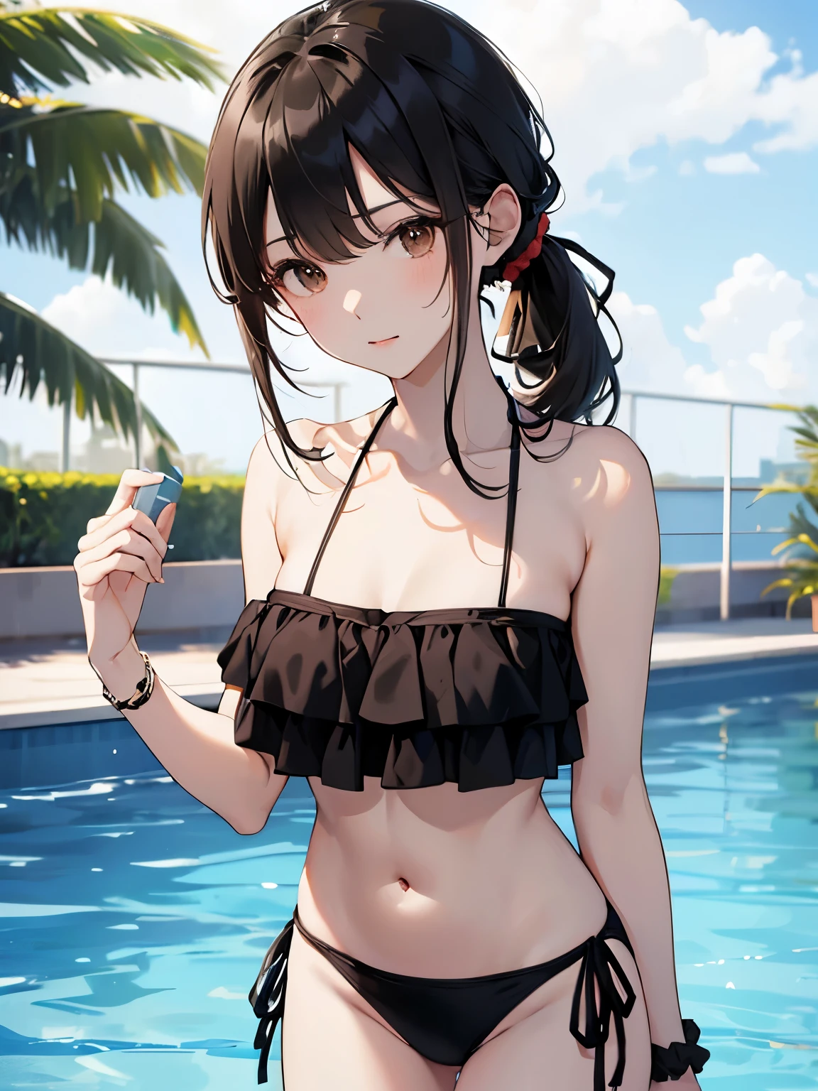 woman, イエローピクシーショート hair, androgynous, angel halo, smile, pool, swimwear, sitting on a bench, eating shaved ice