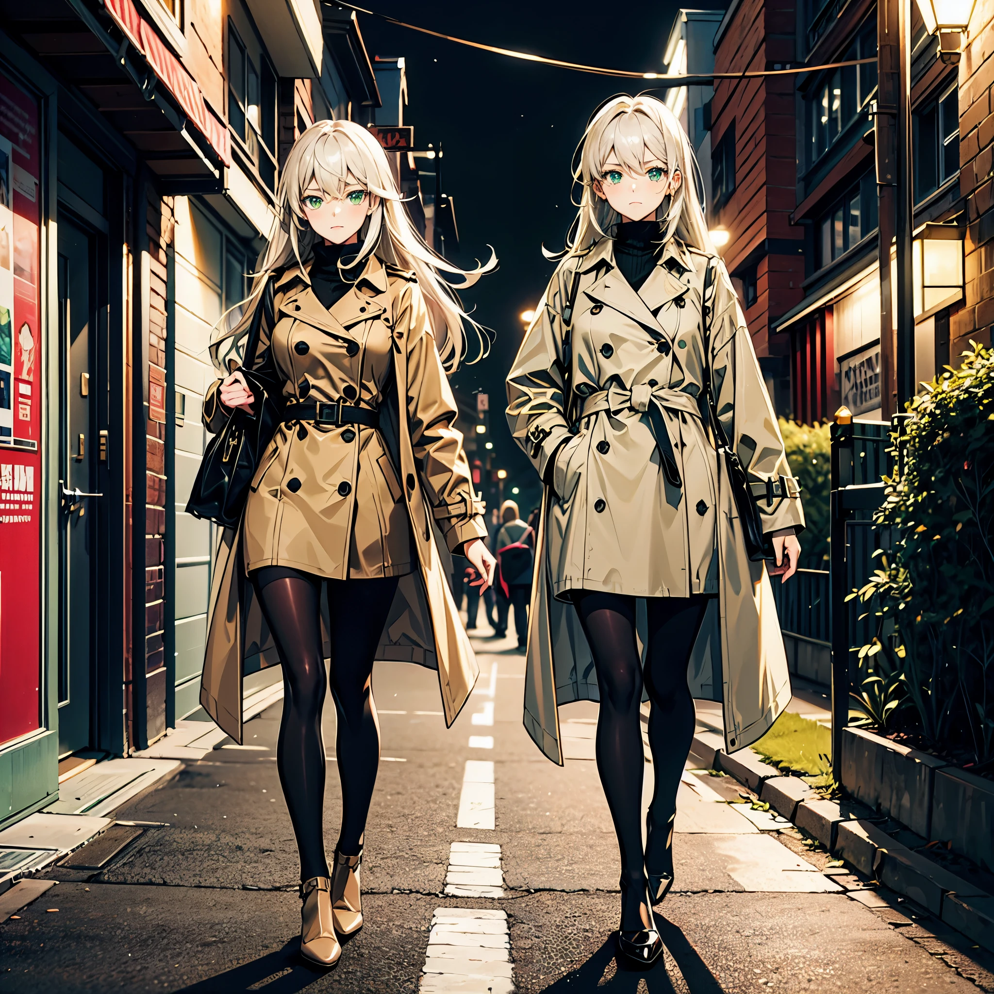 (masterpiece, best quality), 1 girl, teen, slim body, long white hair, green eyes, wearing beige trench coat and black tights, walking on the street at evening, spy, cool character