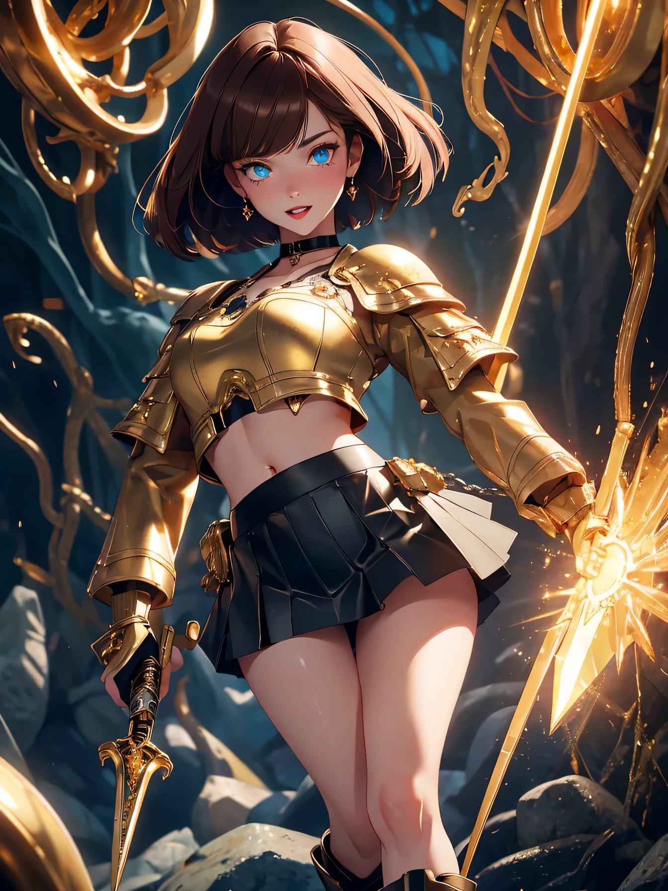 Master piece,best quality,ultra-detailed,high resolution,octane render,brown hair,bob cut,(1 girl), seductive young woman,female focus,small breasts,full body,(perfect body),standing,((Mini Skirt,gold accents)),leather armor,black Stockings,green Coat,midriff peek,red Choker with chains,Midi Ring,big bright blue eyes, glowing eyes,(beautiful detailed eyes),cute,pale skin,faint lips,seductive and confident smile,open mouth,(hair, realistic:1),stand,holding_weapon, Dagger,shy,Blushing face,fantasy,sweat,steam,in cave with tentacles,dynamic angle,embarrassed,Darken shadows