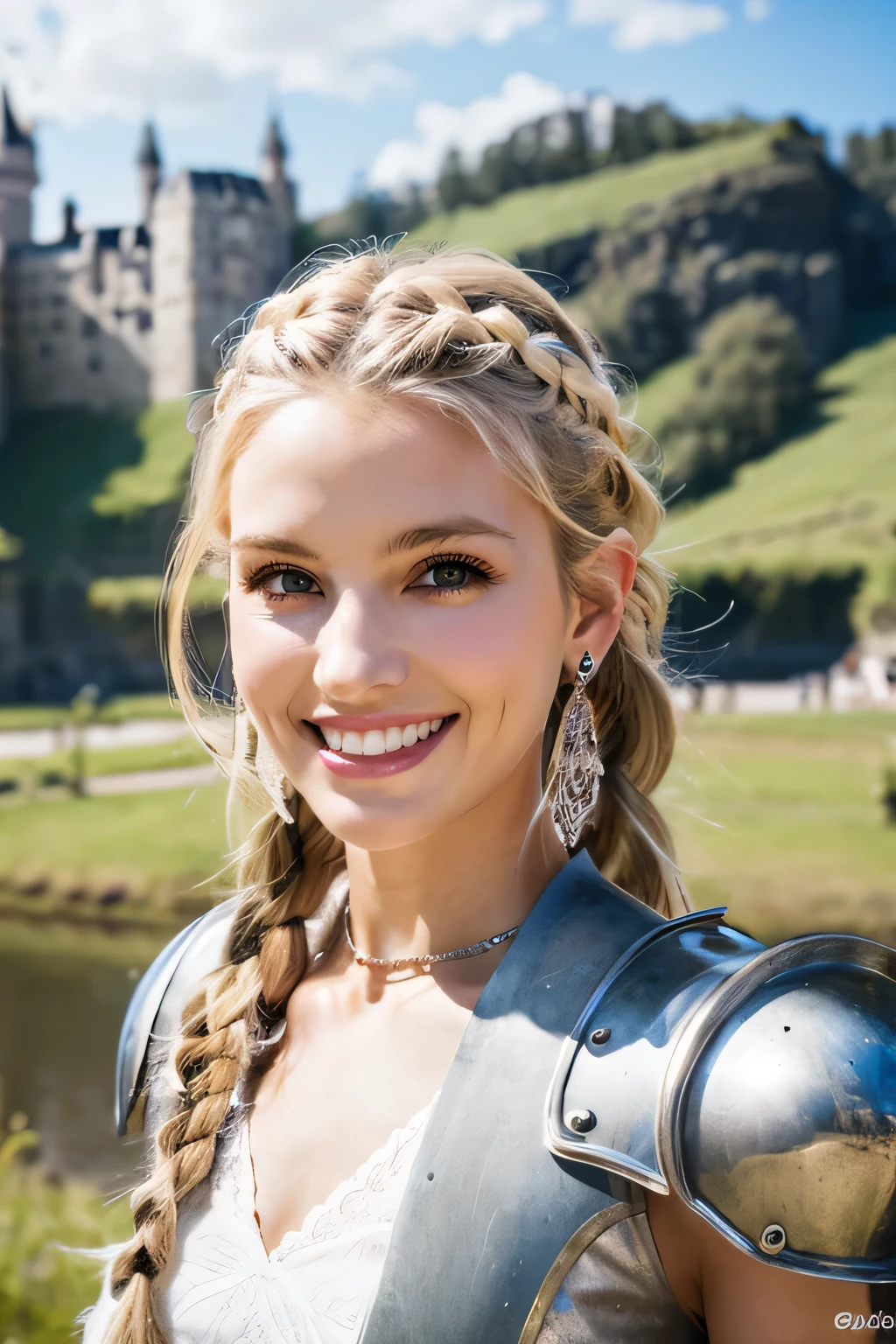 8K、highest quality、female knight、The background is a castle、Luxurious Silver Armor、heavy equipment、hairstyle shortcut、smile、beautiful teeth、full body photo、ear piercing、blonde、white woman、blue eyes、hair band、Braided dreadlocks、cloudy sky