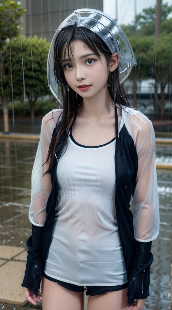 (Highest quality:1.4), (super high quality:1.2), RAW Photos, (Realistic, Photorealistic:1.37), Professional photography, ((walking in the rain:1.3), (smile:1.1), Cinematic Light, One girl, One person, So beautiful, very cute, Great face and eyes, light hoody, short pants, Large Breasts, in the park,