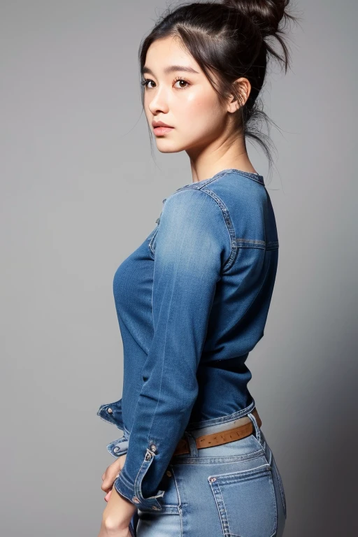 ((best quality:1.2)), ((masterpiece:1.2)), (detailed:1.2), 1 girl, perfect indonesian face, messy ponytail bun hair, chubby body, blue casual loosely dress with jeans pant, real skin texture, hyperrealistic image,