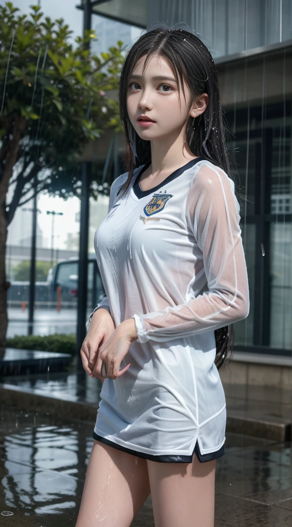 UHD, retina, masterpiece, ccurate, anatomically correct, textured skin, super detail, high details, high quality, award winning, best quality, highres, 1080P, HD, 4K, 8k, 16k、soccer court、soccer ball、Soccer Shoes、soccer uniform、very cute girls,sweaty、(Clothes become transparent in the rain:1.5)、(Heavy rain:1.5)、thunder、(Rain melts clothes:1.5)