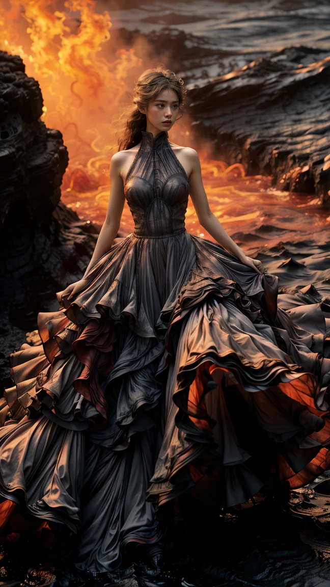 (8K, original photo, highest quality,masterpiece:1.2),(actual, realistic:1.37), 1 girl,long legs, full body female love,(very:1.3),Ocean,Rose-shaped dress made of very，volcano eruption rock flow，infrared photography, 1.4x Realism，ultra high resolution，The texture is schitomically correct，Accurate and perfect Korean female face shape，golden ratio)