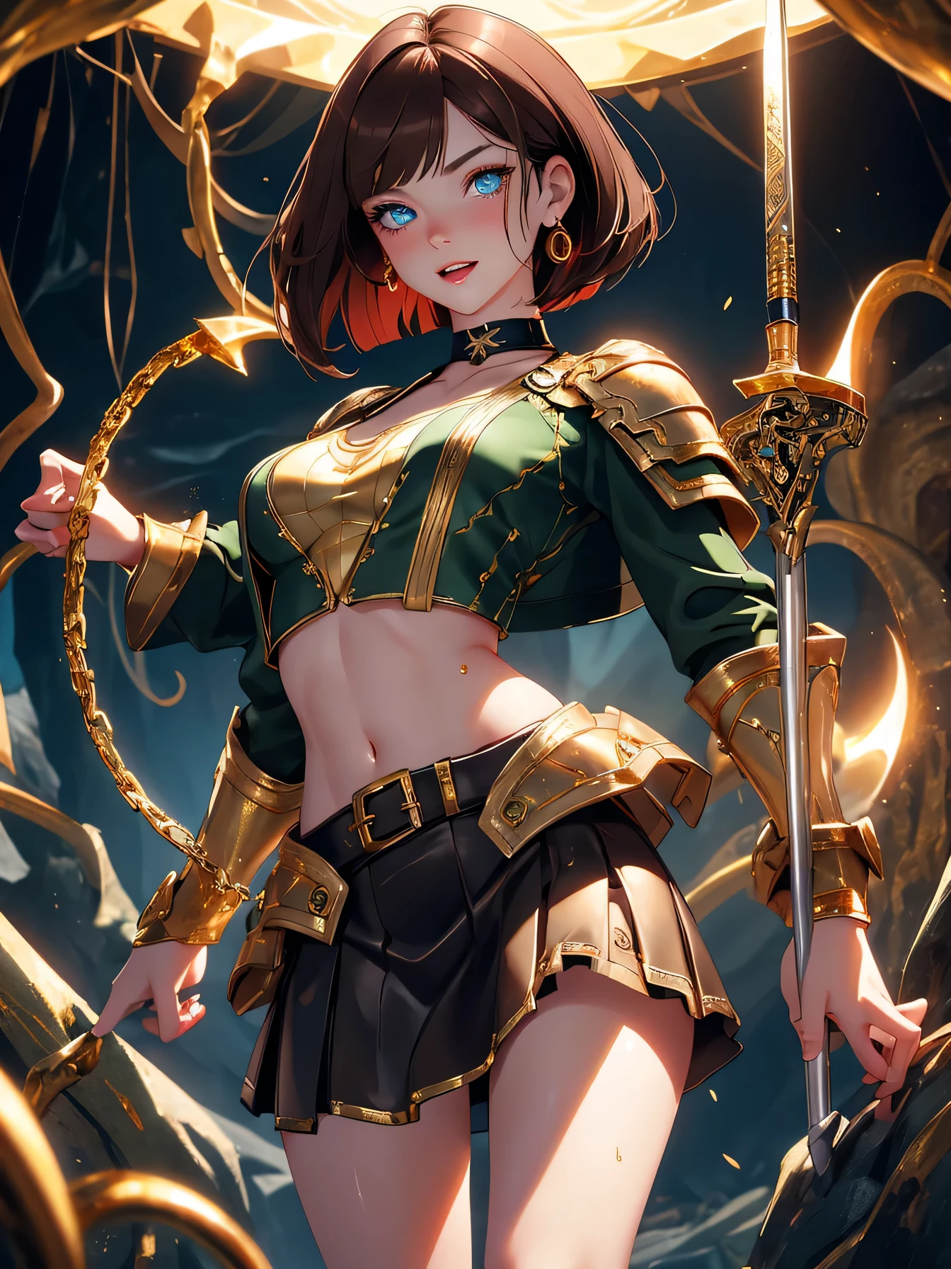 Master piece,best quality,ultra-detailed,high resolution,octane render,brown hair,bob cut,(1 girl), seductive young woman,female focus,small breasts,full body,(perfect body),standing,((Mini Skirt,gold accents)),leather armor,black Stockings,green Coat,midriff peek,red Choker with chains,Midi Ring,big bright blue eyes, glowing eyes,(beautiful detailed eyes),cute,pale skin,faint lips,seductive and confident smile,open mouth,(hair, realistic:1),stand,holding_weapon, Dagger,shy,Blushing face,fantasy,sweat,steam,in cave with tentacles,dynamic angle,embarrassed,Darken shadows