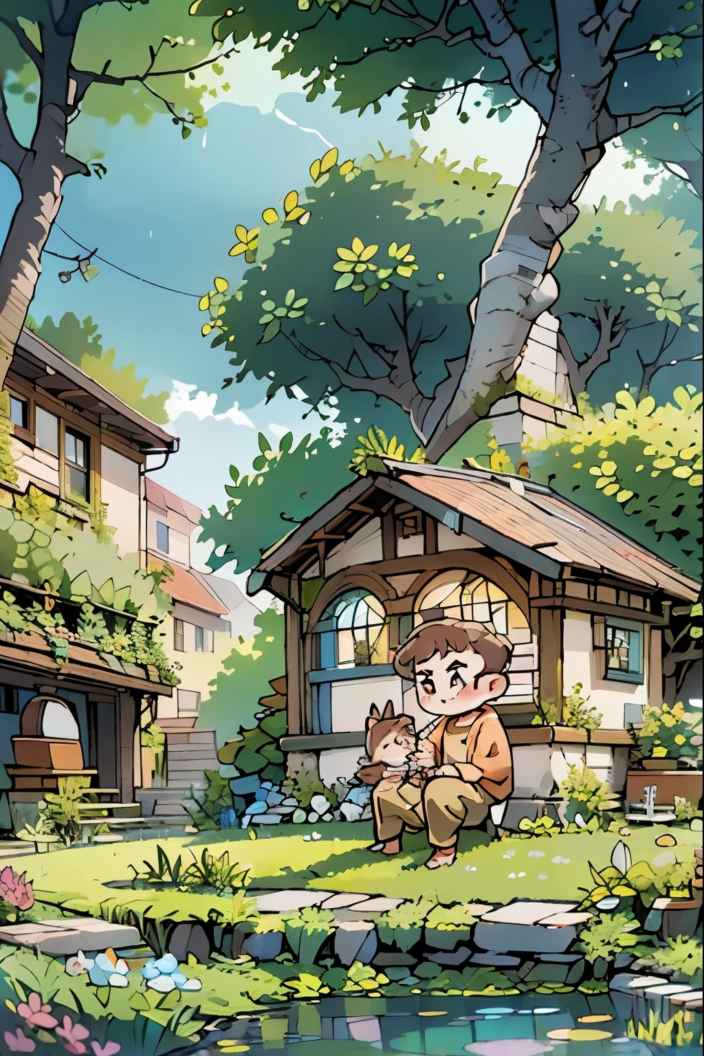 #quality(masterpiece,best quality,8K,super detailed),alone,#1 boy(,Smile,outdoor,brown hair,curls，big eyes,black eyes，Cat咪，Guitar，Emulate the core style,sit on bench),#background(town,rain,trees,Cat,colorless,beautiful nature,clean river,rainbow:1.4,dappled sunshine)